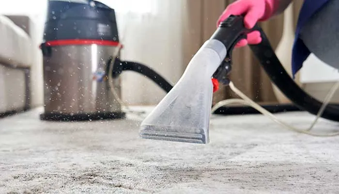 A person cleaning a carpet with a vacuum cleaner.